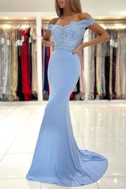Vestido Weitese azul de fiesta largo de sirena con hombros descubiertos y encaje